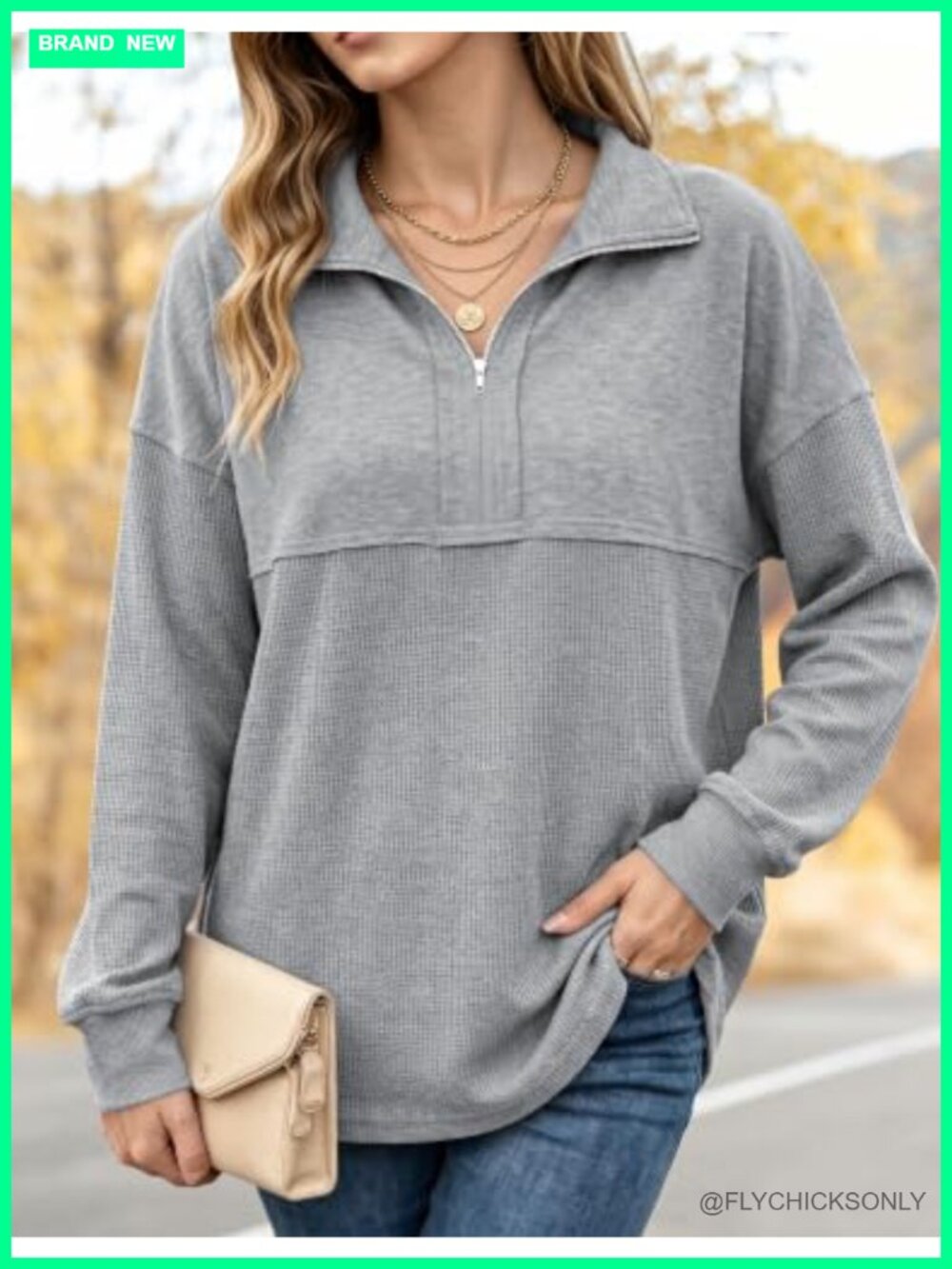 Waffle Knit Half Zip Sweatshirt Women Loose Pullover Long Sleeve Top - Picture 4 of 6